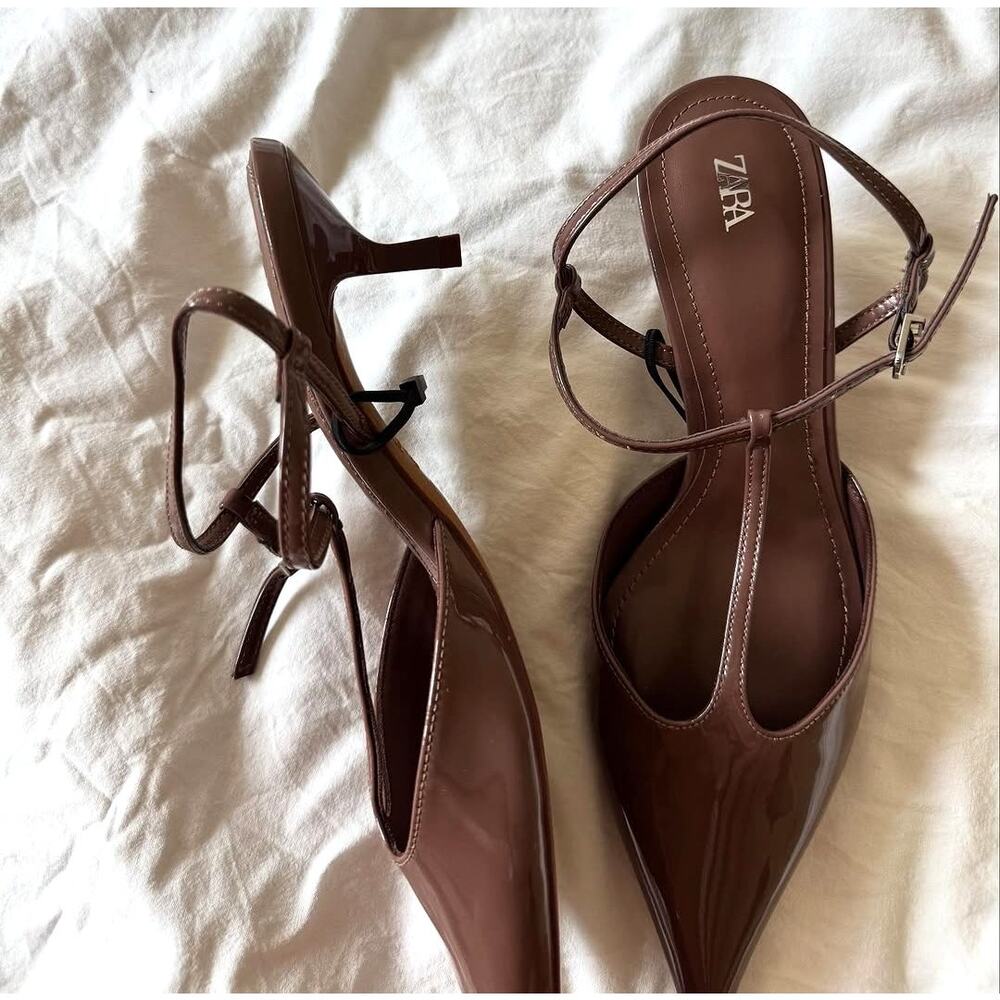 Zara NWT Brown Patent T Strap Slingback Pointed Toe Kitten Heels 9 10 - Picture 10 of 16